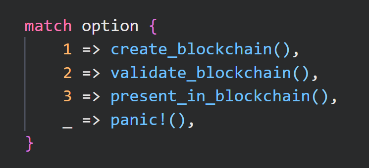 Thumbnail of a list of options in Rust: create_blockchain, validate_blockchain, present_in_blockchain, or panic!