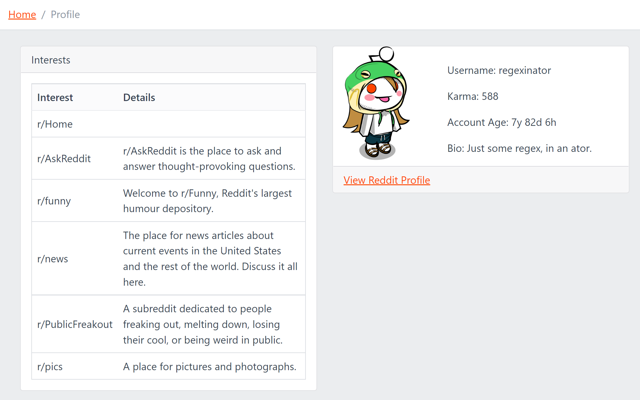 Boredle Profile - Interests table with 